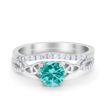 Celtic Wedding Ring Band Simulated Paraiba Tourmaline CZ 925 Sterling Silver